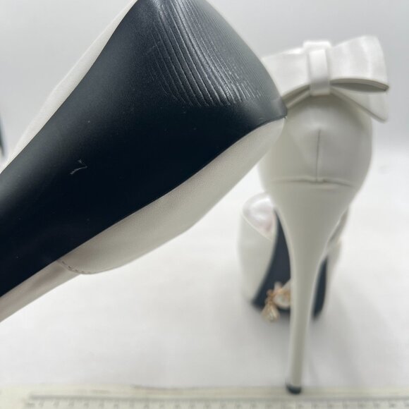 FSJ White Peep Toe Bridal Shoes Ankle Strap Bow Platform Heeled Sandals - Picture 6 of 8